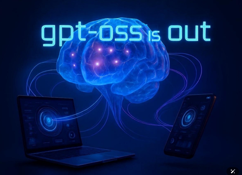GPT-OSS Revolution - AI brain connected to laptop and smartphone with glowing neural network visualization