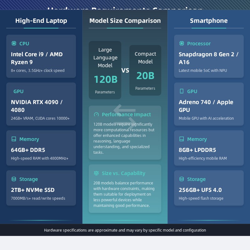 Hardware requirements comparison showing specs needed for running 120B model on laptop vs 20B model on smartphone