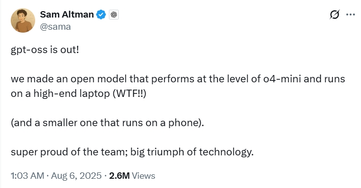 Sam Altman's Twitter announcement about gpt-oss release with community reactions